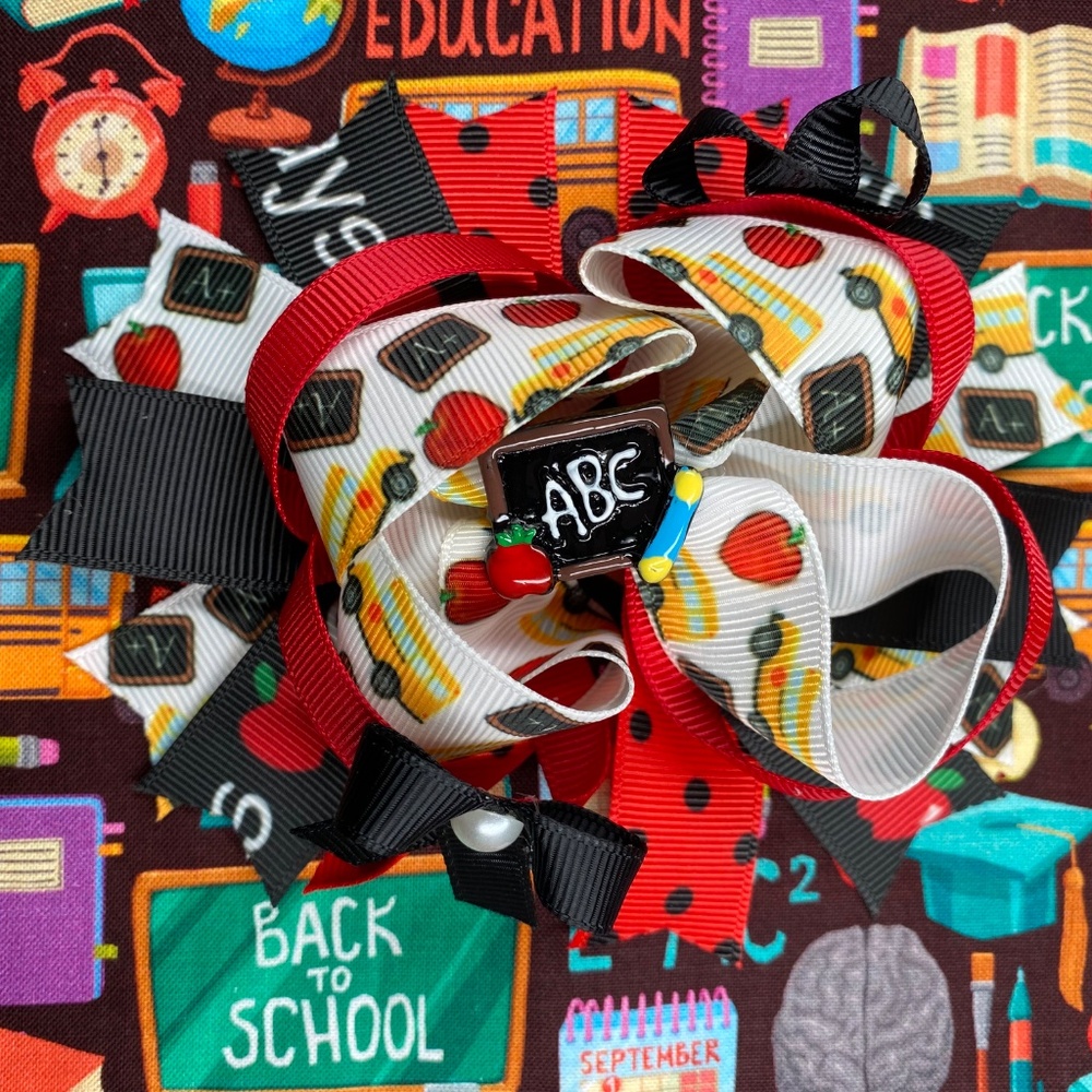 First Day of School Girl Hair Bow, ABC Hair Clip, Colorful Multi-stacked Bow